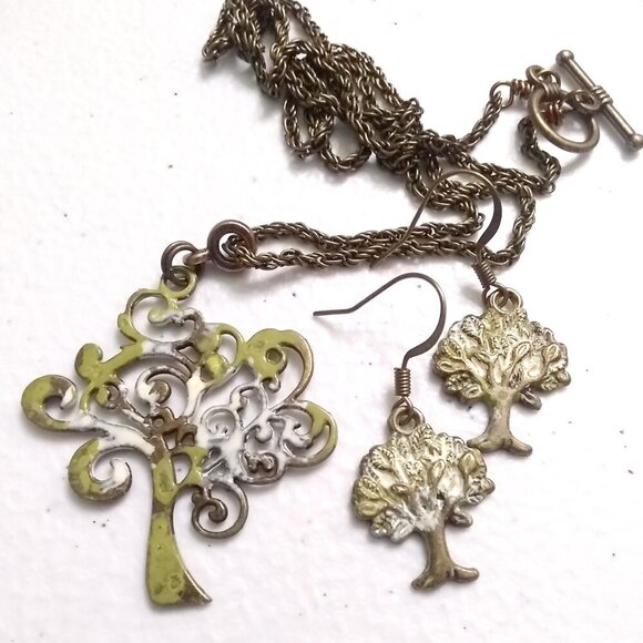 Tree of Life! Patina Painted Bronze Necklace & Earrings Set | Mossy Oak Colors - Picture 6 of 11